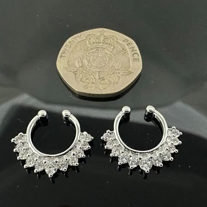 316L Surgical Steel White CZ Jeweled Paved Clip-on Fake Septum Ring - Available In 16g(1.2mm) And 14G (1.6mm) - 10mm Inner Diameter