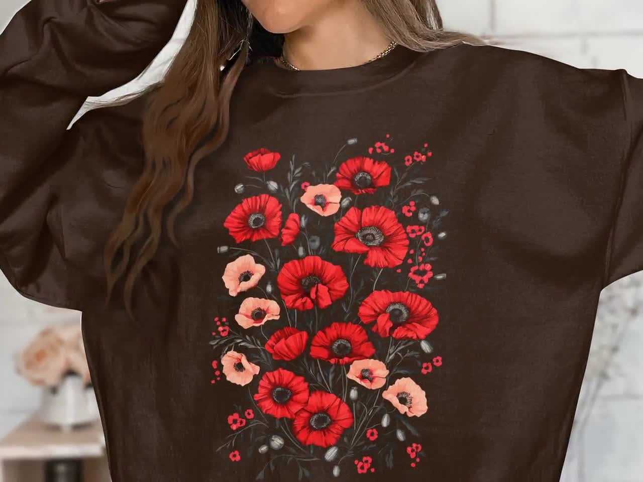 Floral Poppy Sweatshirt, Vintage Botanical Design Sweatshirt, Boho 