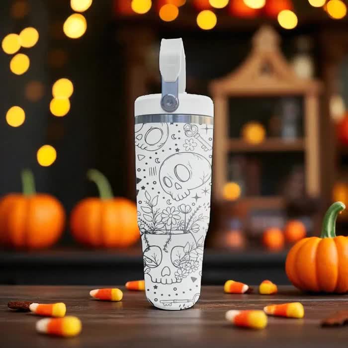 Cute Skulls Floral Tumbler – Engraved Halloween Flip Straw Cup – 20oz 30oz 40oz Stanley Style video poster