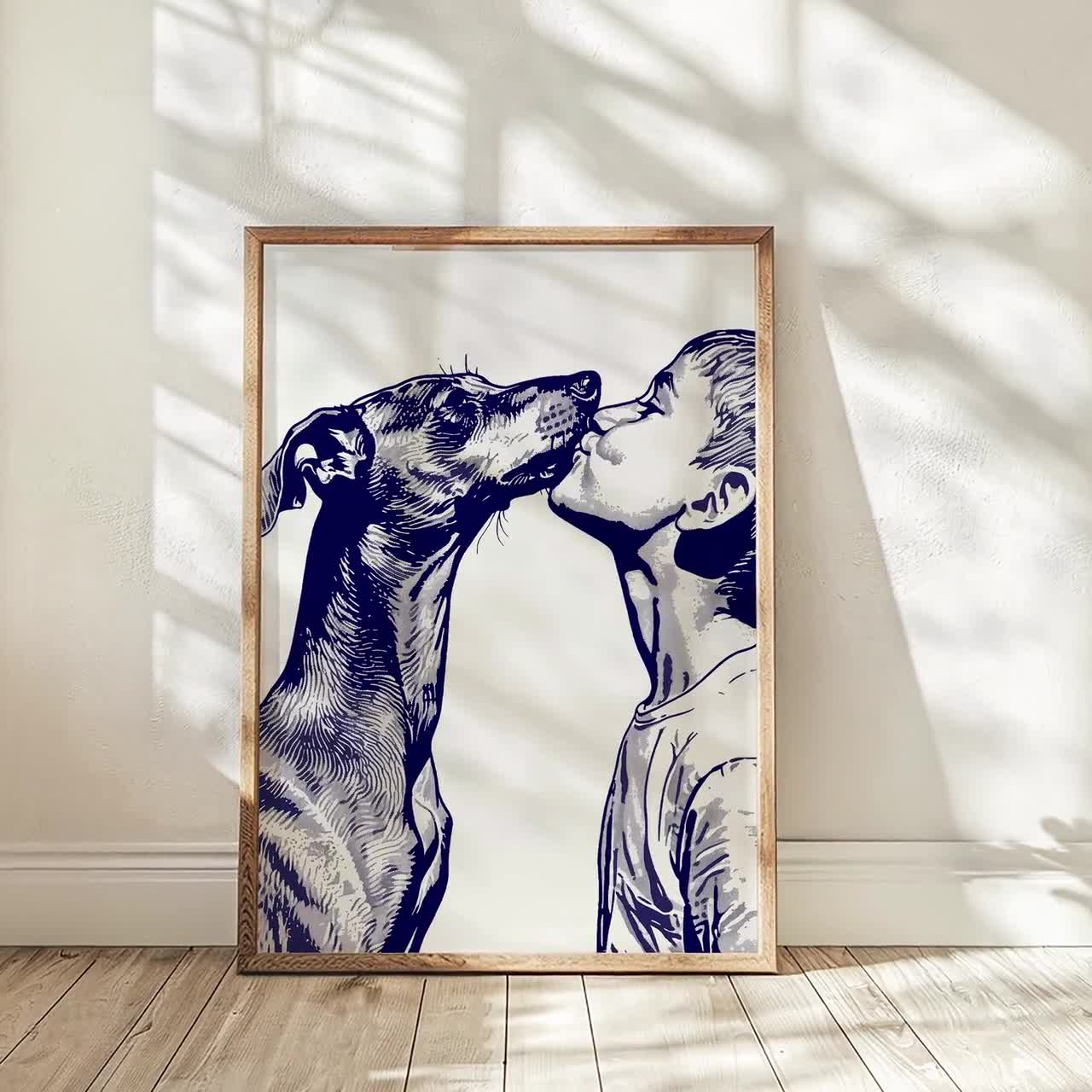 Boy Kisses Italian Greyhound Happy Coastal Dog Summertime