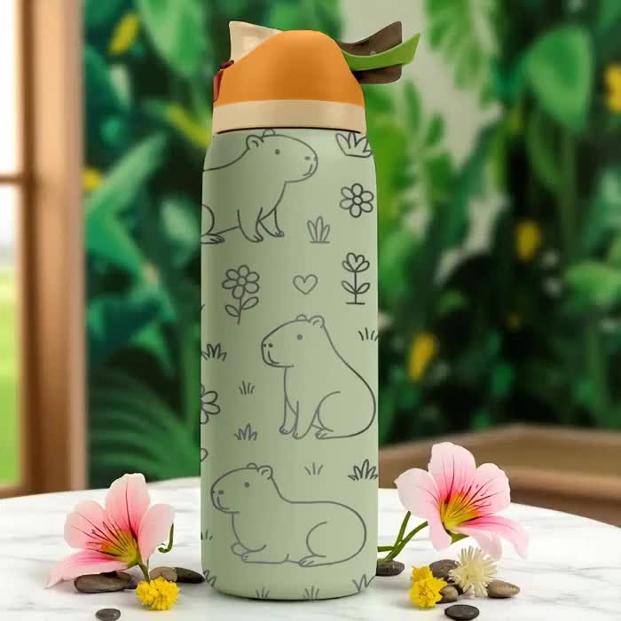 Gourde Capybara 750 Ml – Transparente, Sans BPA, Avec Paille Et Poignée, Anti-fuite – Violet, Pour Sport, Camping, Rando