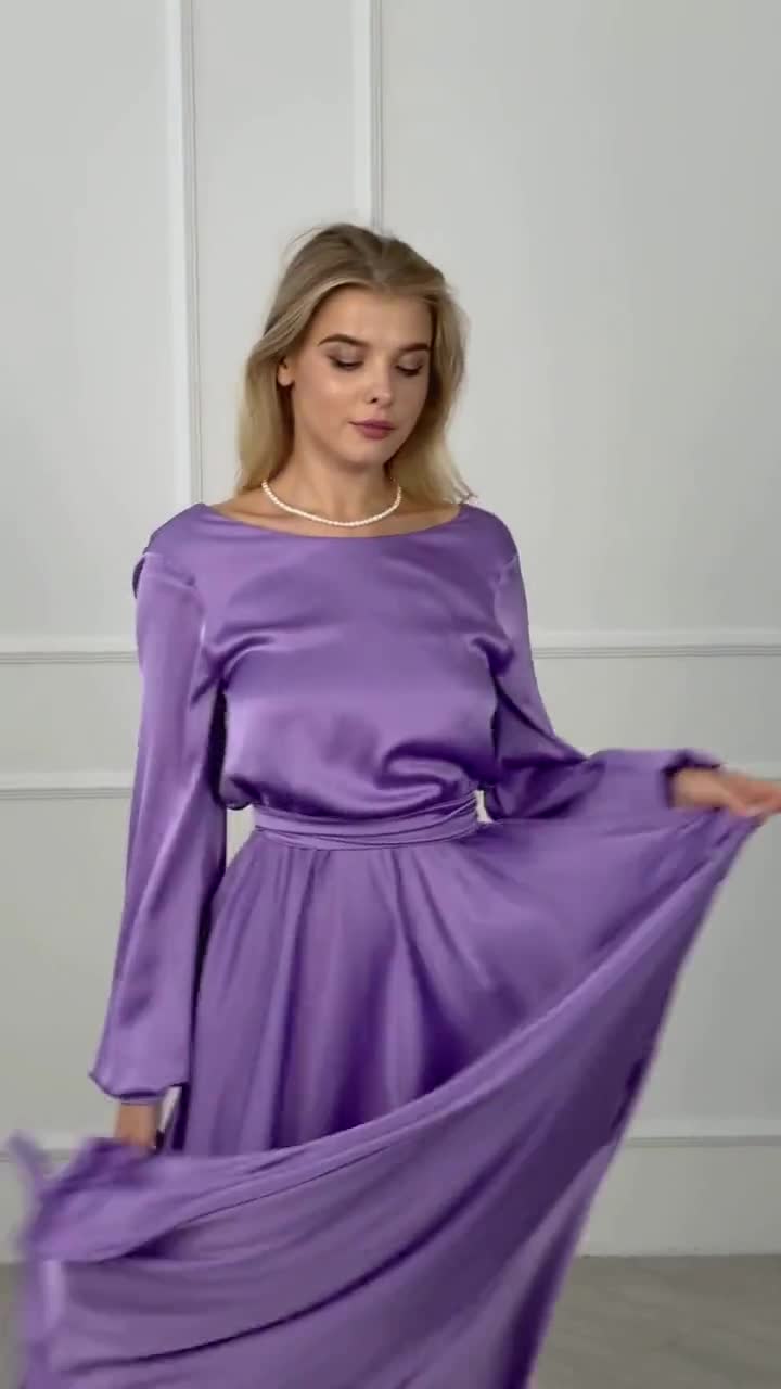 Lilac Long Bridesmaid Dresses Long Sleeve Maxi Formal Gown Satin Cocktail  Dress Elegant Dress For Woman Wedding Guest Custom Evening Gown