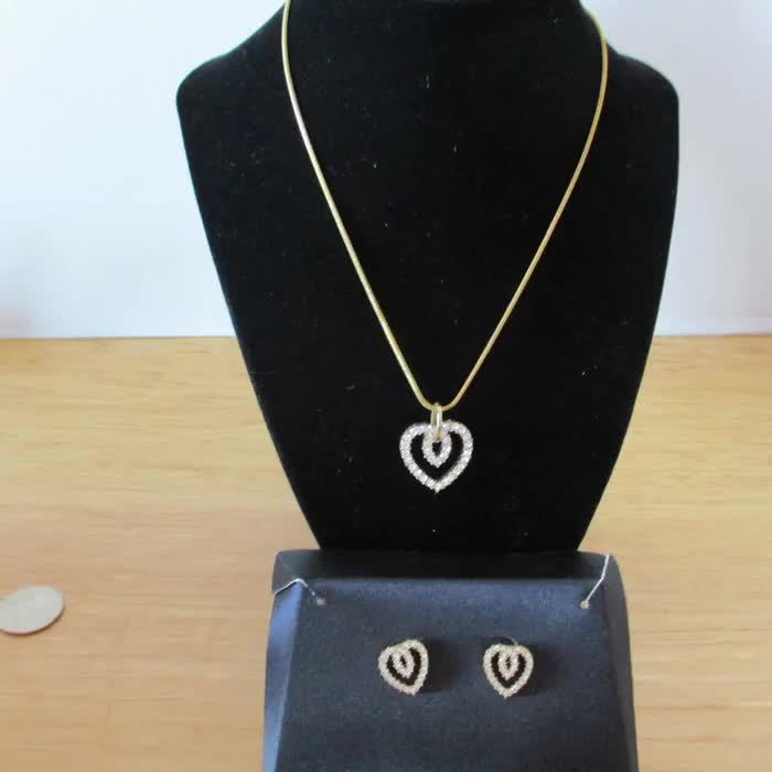 Vintage Gold Tone Rhinestone Heart Jewelry Set: Necklace & Earrings video poster