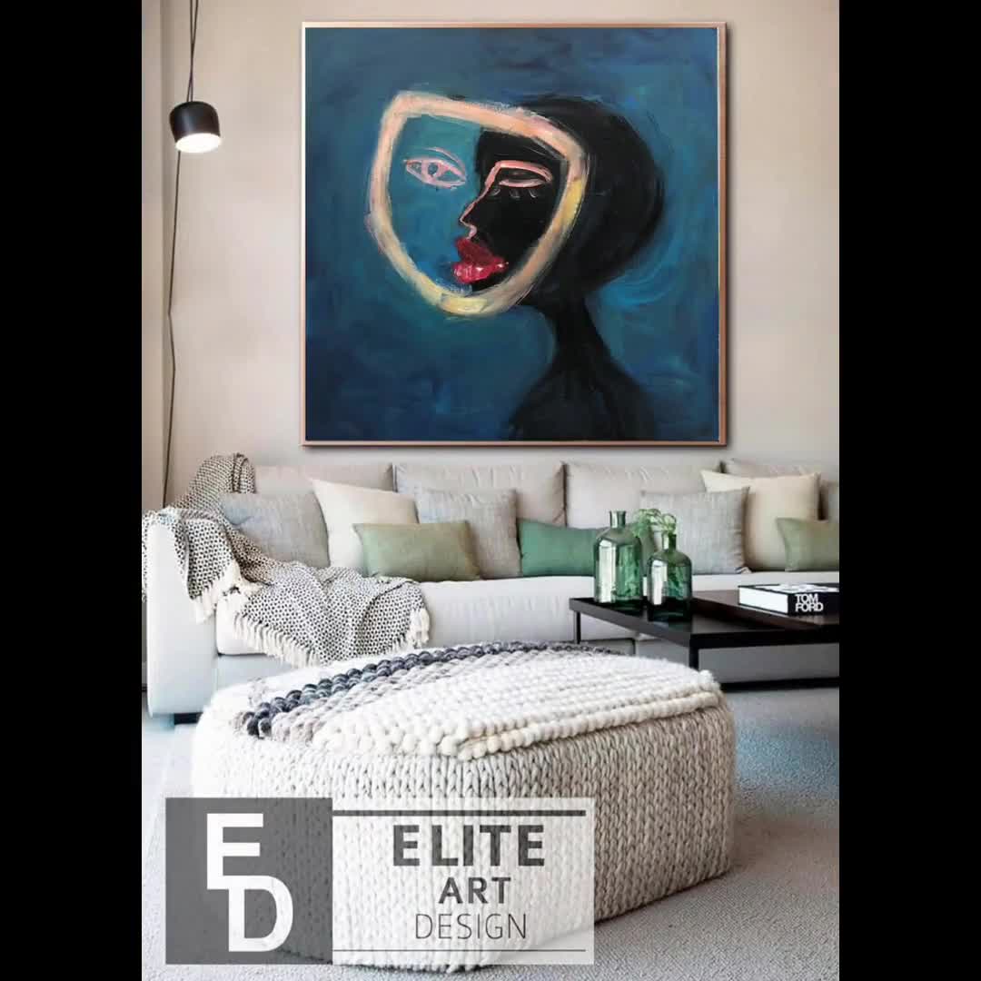 Large Abstract Painting Black Canvas Art Turquoise Painting Aesthetic Wall  Art Modern Canvas Art Apartment Gift Above Fireplace Decor | SPIRIT OF