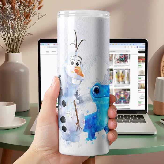 Frost Presenter, personlig Olaf Bruni akvarellglas 20oz Skinny-FlipTop, Disney Snögubbe video poster