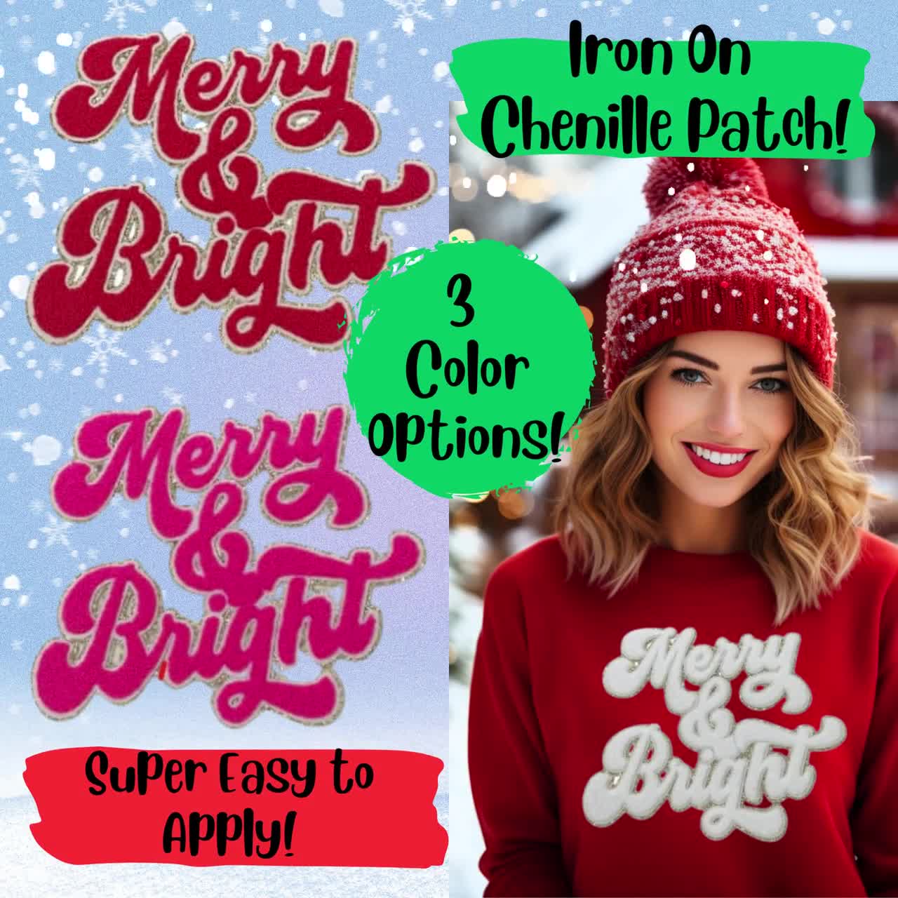 Merry and Bright Chenille Iron on Patch, Chenille Patches, Iron on Patch,  Christmas Chenille Patch, Secret Santa Gift, Coworker, Teenager 