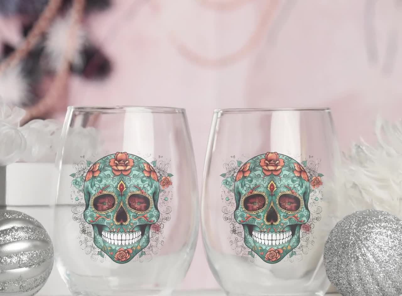 Sugar Skull Couple Engraved Stemless Wine Glasses