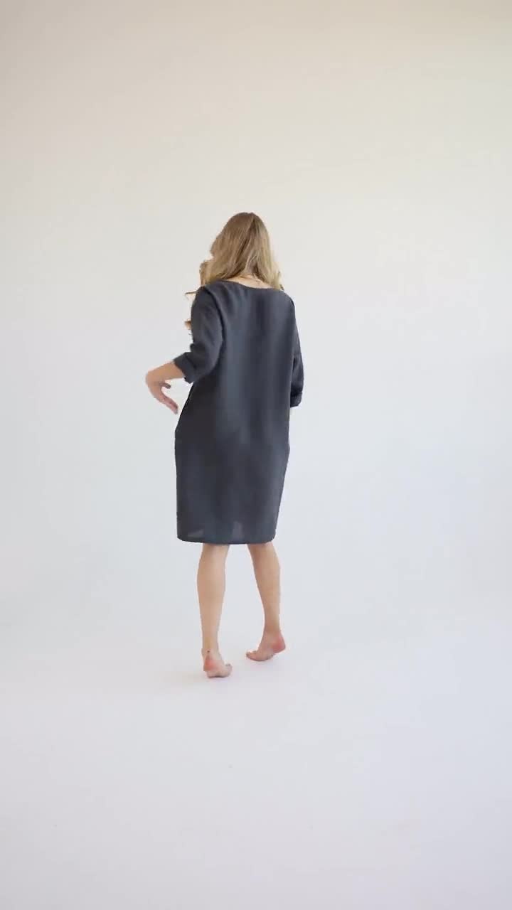 Oversize Linen Shift Dress, Charcoal Gray Stonewashed Linen