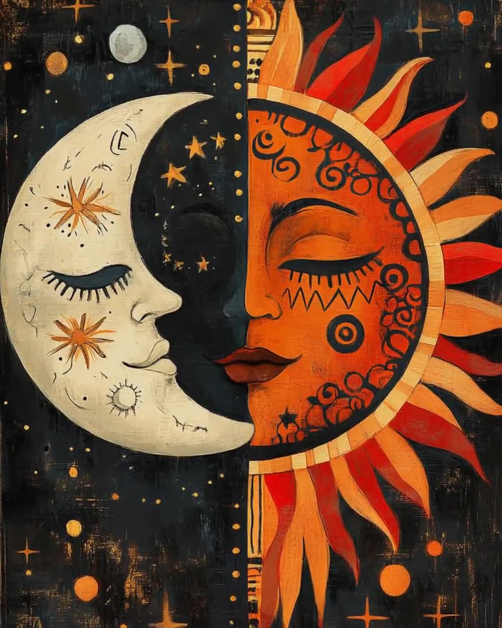 月と太陽　絵画3点 メキシコの太陽と月のアートプリント：カラフルな天体フォークアート