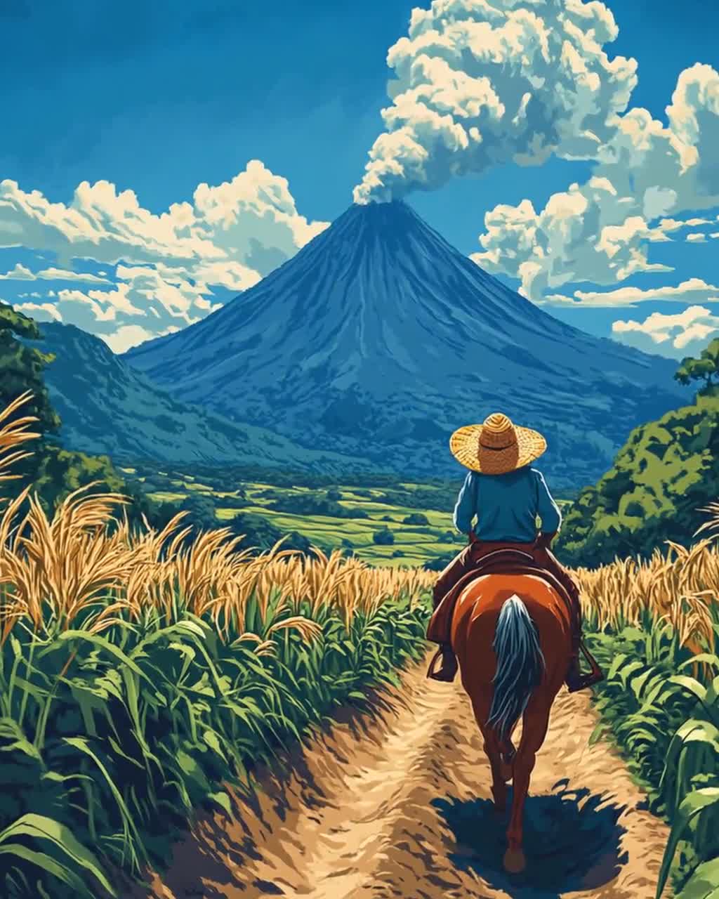 ニカラグアの農夫が馬に乗っているイラスト、火山とサトウキビのアート