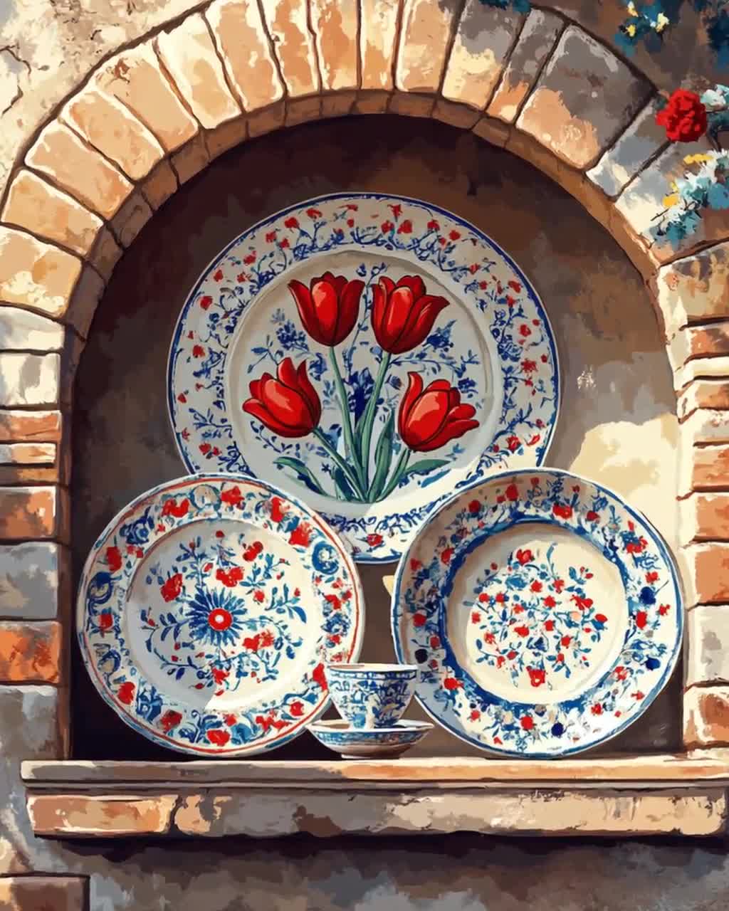 トルコ工芸品 絵皿　飾り皿　イスタンブール　版画　オスマン帝国 トルコのチューリップ陶器アートプリント：イズニック皿、オスマン帝国
