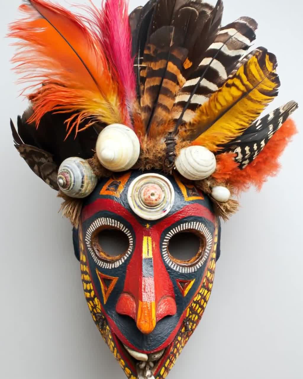 パプアニューギニアの部族マスクのアートプリント、大胆な模様と羽
