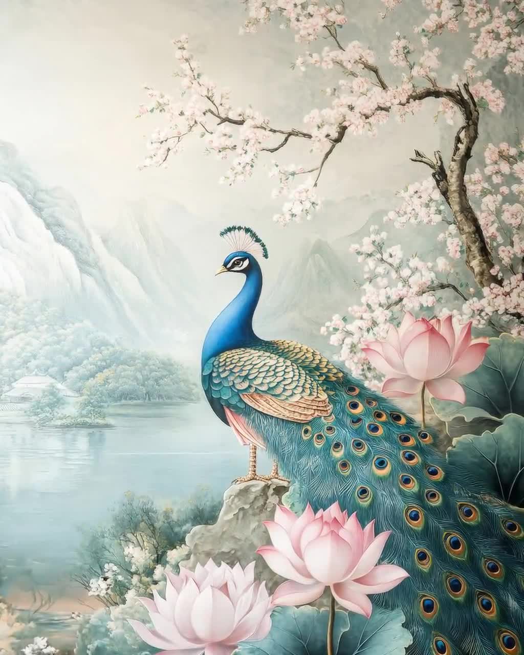 孔雀と蓮のフレスコ画、インド古典花の風景 - Etsy 日本
