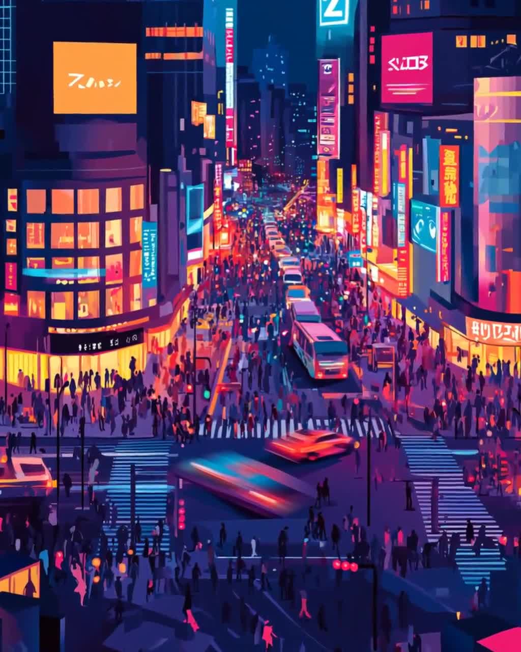 ベリぬ sculture tokyo 天使のグラフィックプリント Tokyo Shibuya Crossing Art Print, Japan, Vibrant City Lights