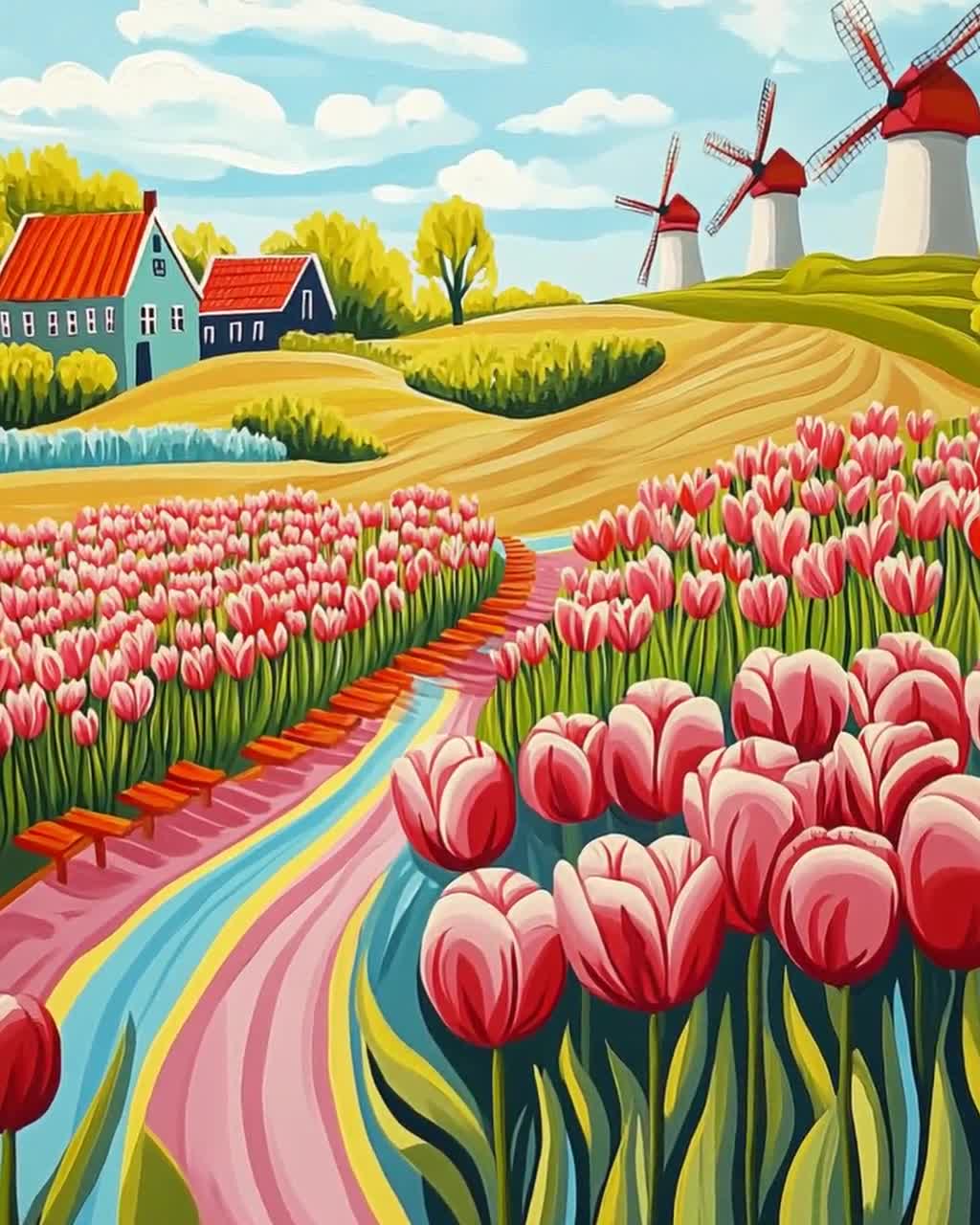 Dutch Tulip Festival, Naive Art Print, Wooden Clogs and Windmills