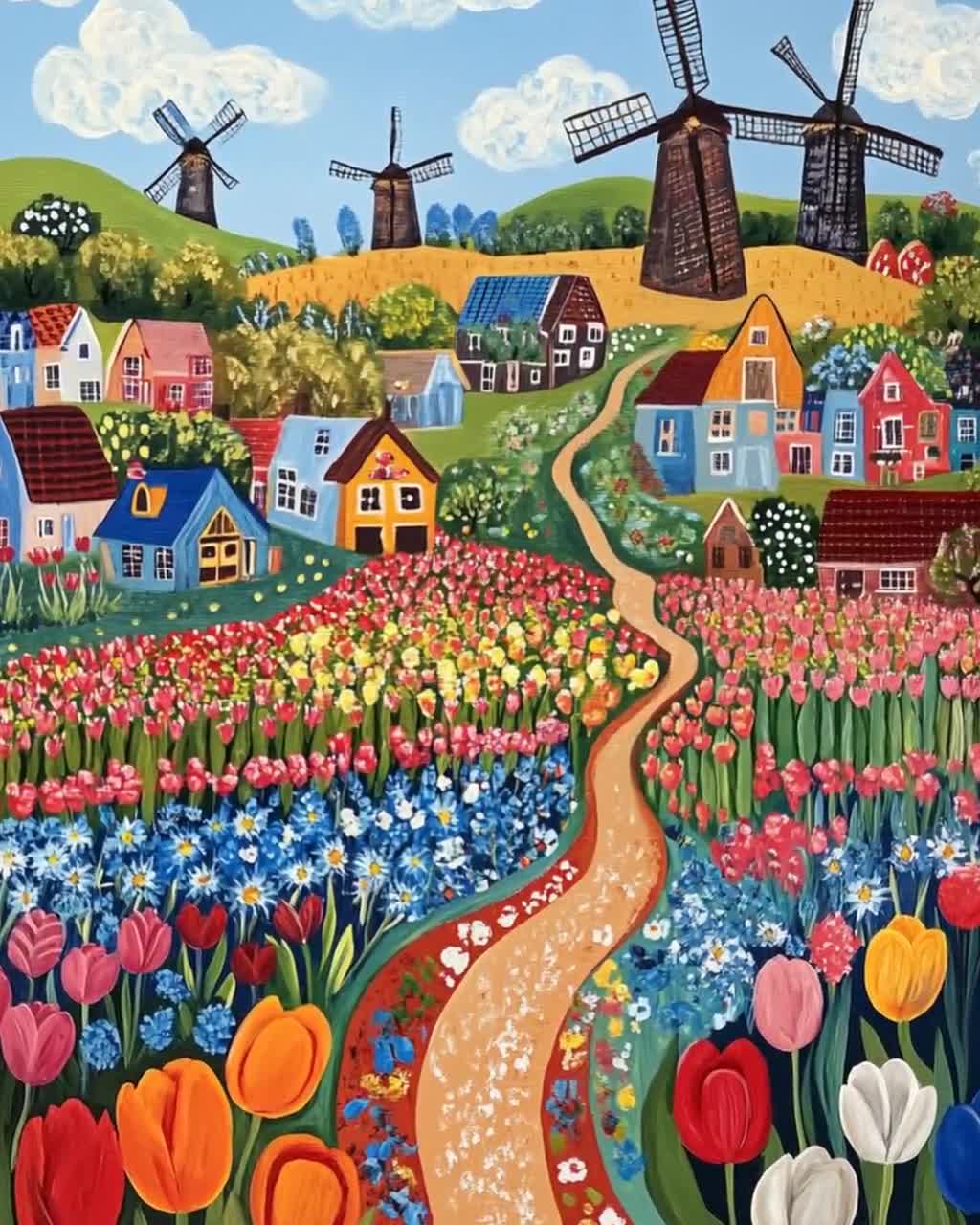 Tulip Festival Naive Art Print, Dutch Folklore Wall Art - Etsy