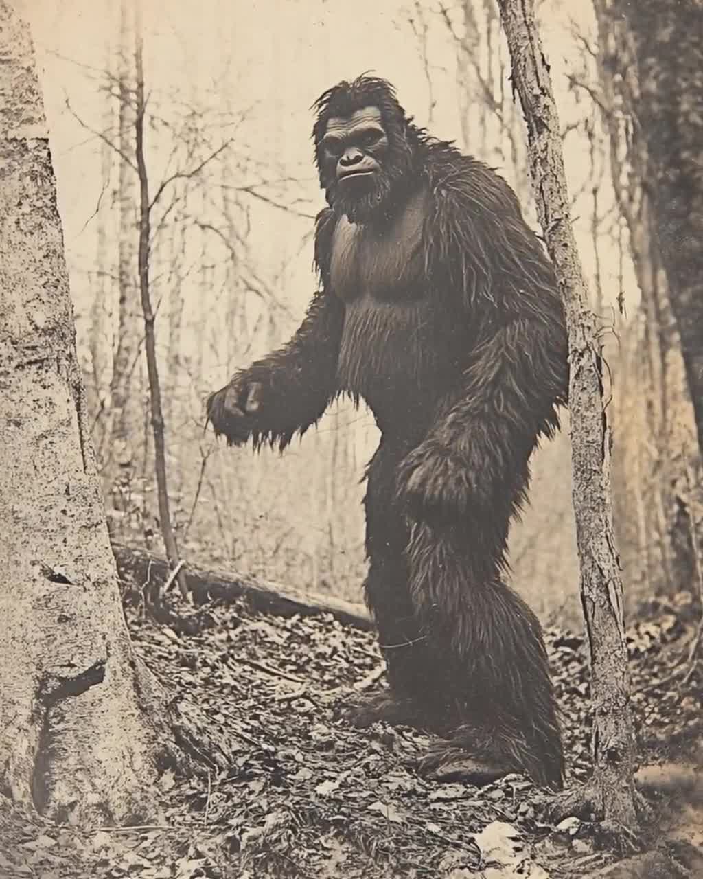 Vintage Bigfoot Print: Sepia Sasquatch in Woods, Cryptid Wall Art