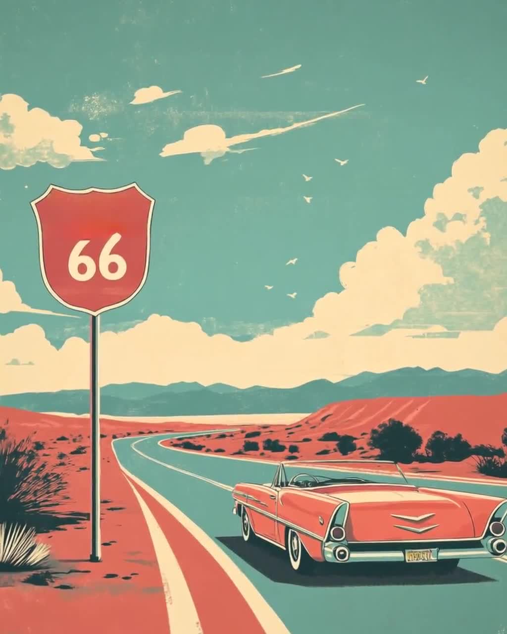 California Route 66 Art Print, Classic Road Signs and Open Highway