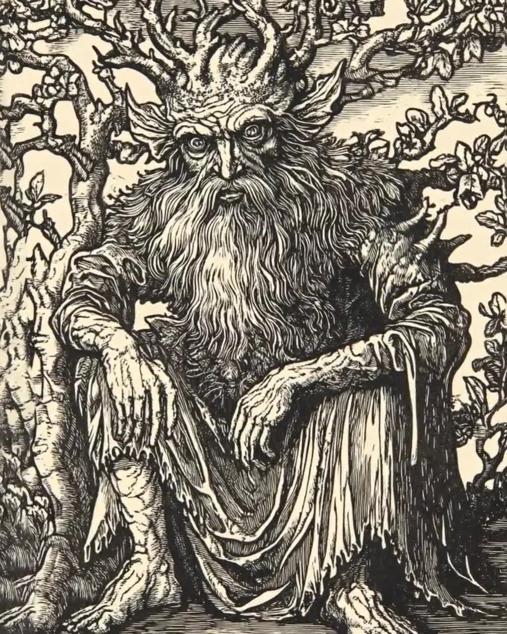 中世の森の神のイラスト、木版画スタイル、神話的自然アートプリント