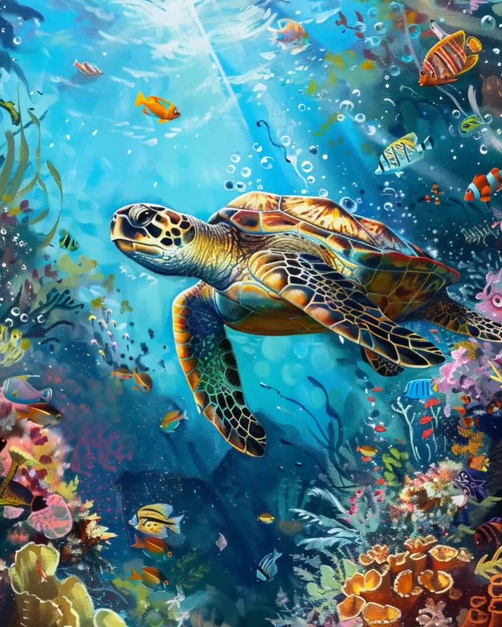 ハワイのホヌウミガメの絵画、鮮やかなサンゴ礁のアートプリント、水中