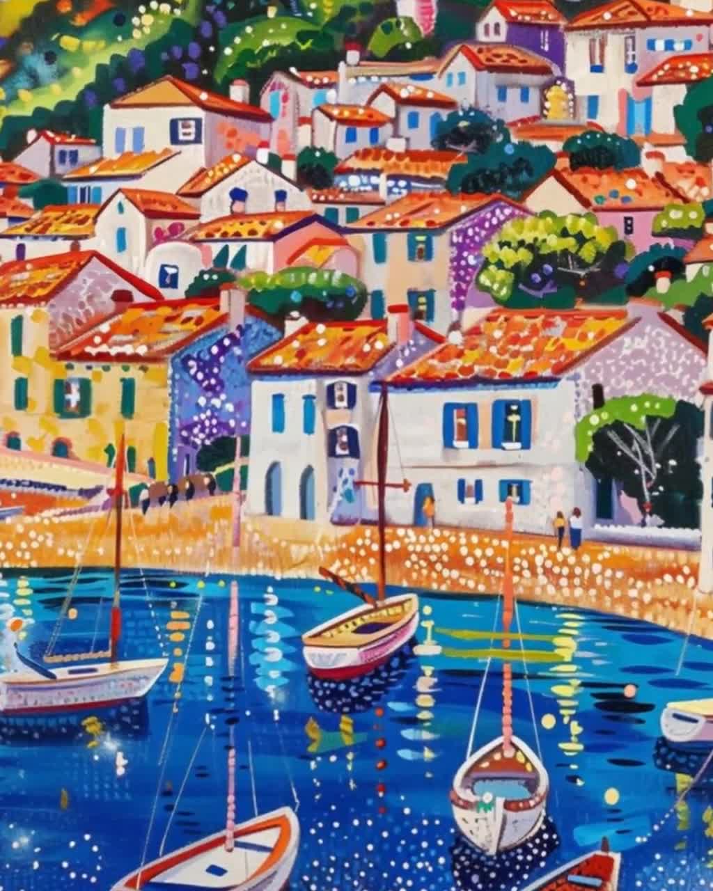 ポール・シニャック風点描絵画：色鮮やかな港の壁画 - Etsy 日本