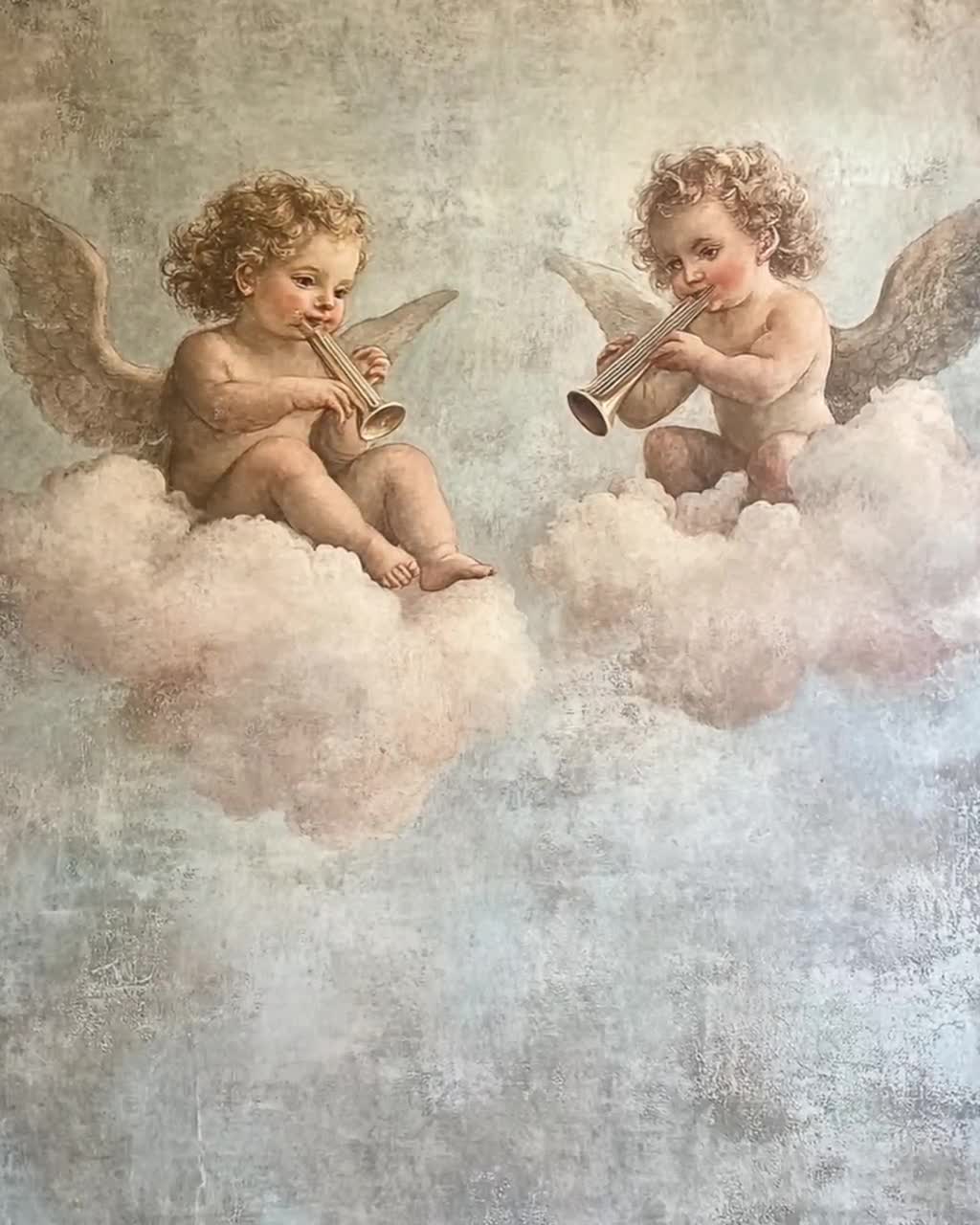 音楽を奏でる天使のフレスコ画、天上の気まぐれと柔らかな色合い