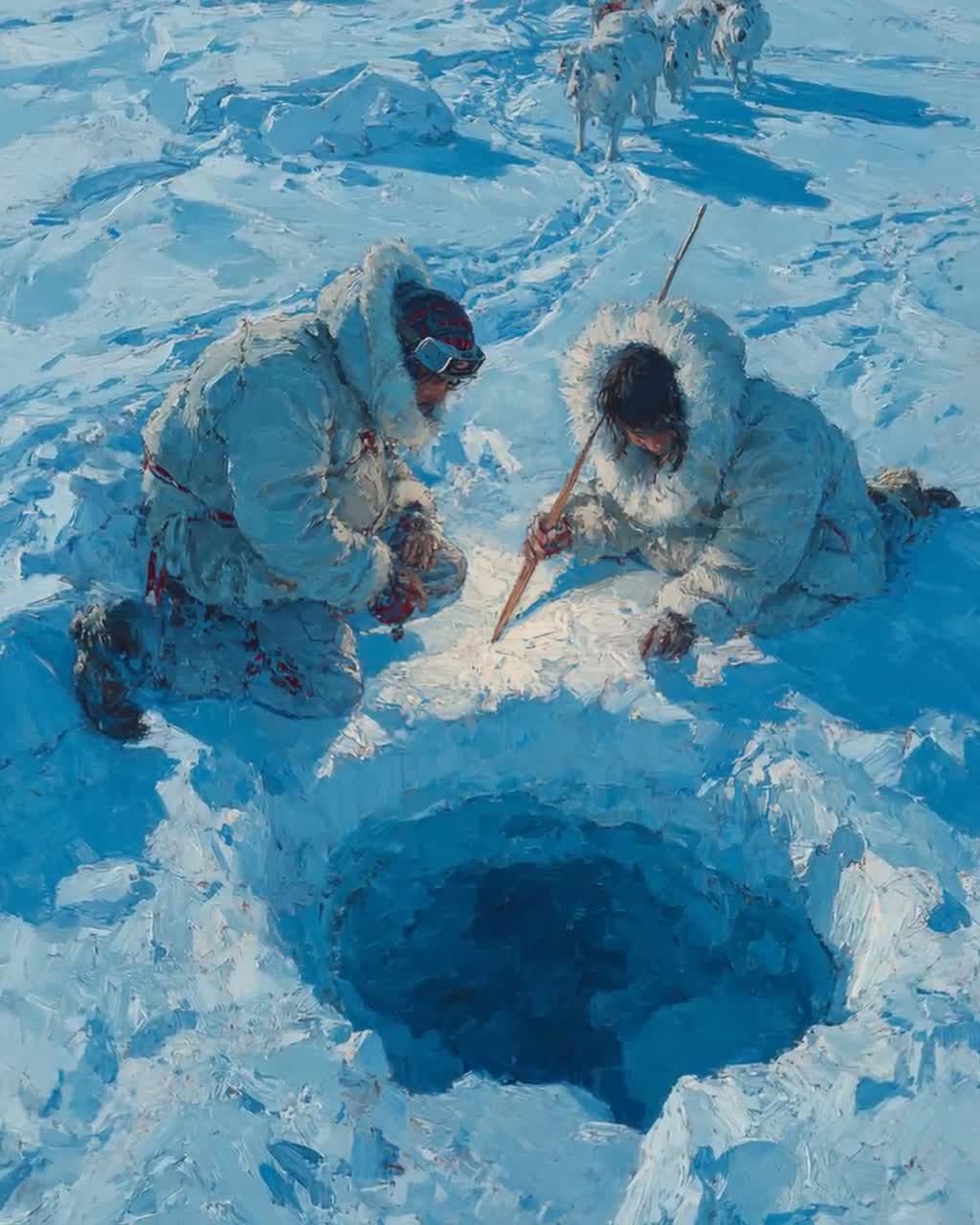 イヌイットの氷上釣りの絵画、エスキモーの北極の骨の槍のポスター