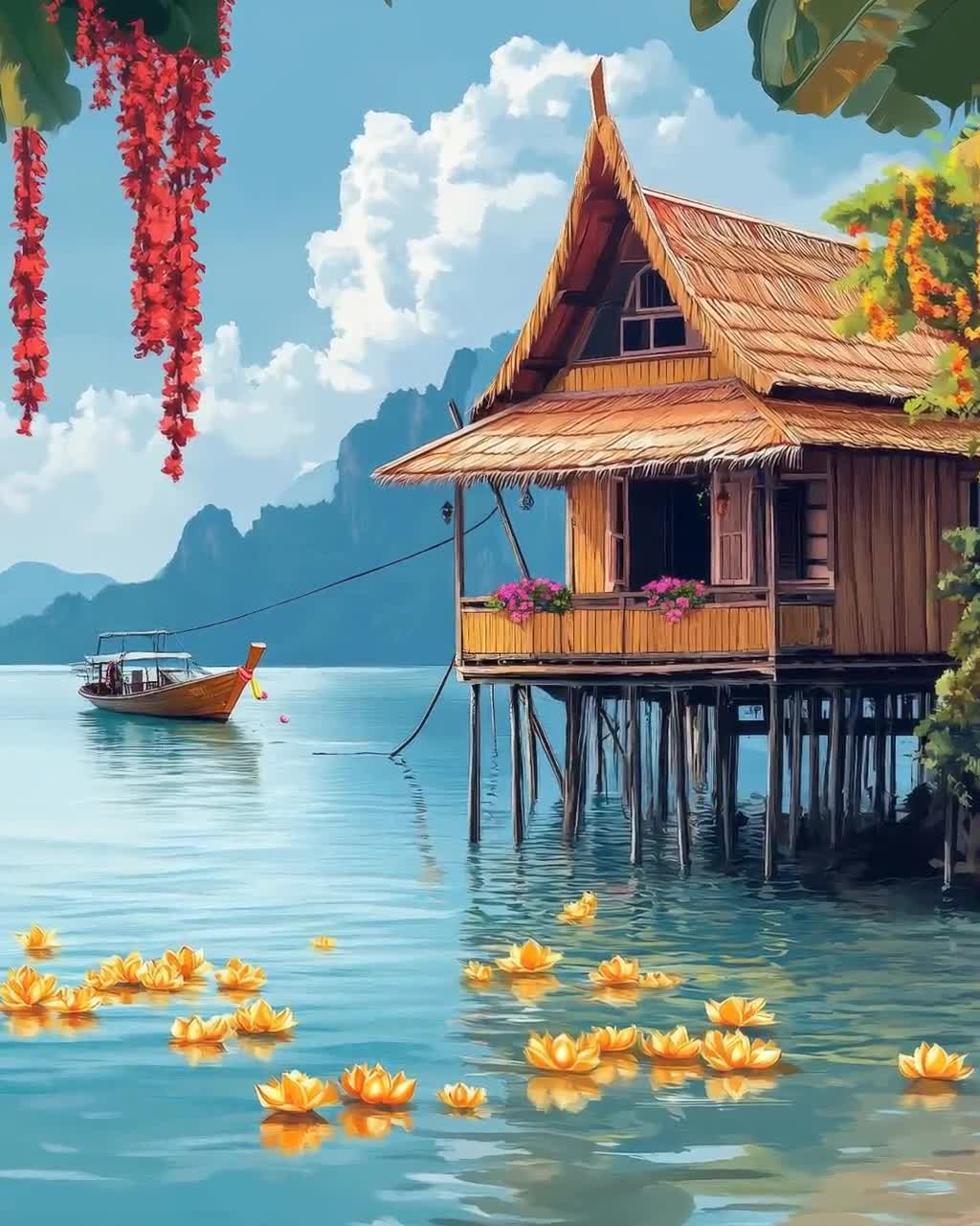 【水彩画】　ダイビングショップ　額付き タイの高床式家屋のアートプリント：水に浮かぶ家、蓮の花 - Etsy 日本