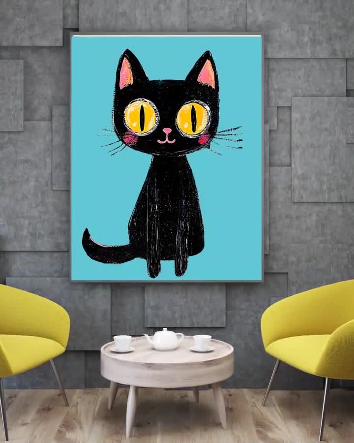 黒猫の水彩画：オレンジ色の部屋の寮の装飾（デジタルダウンロード