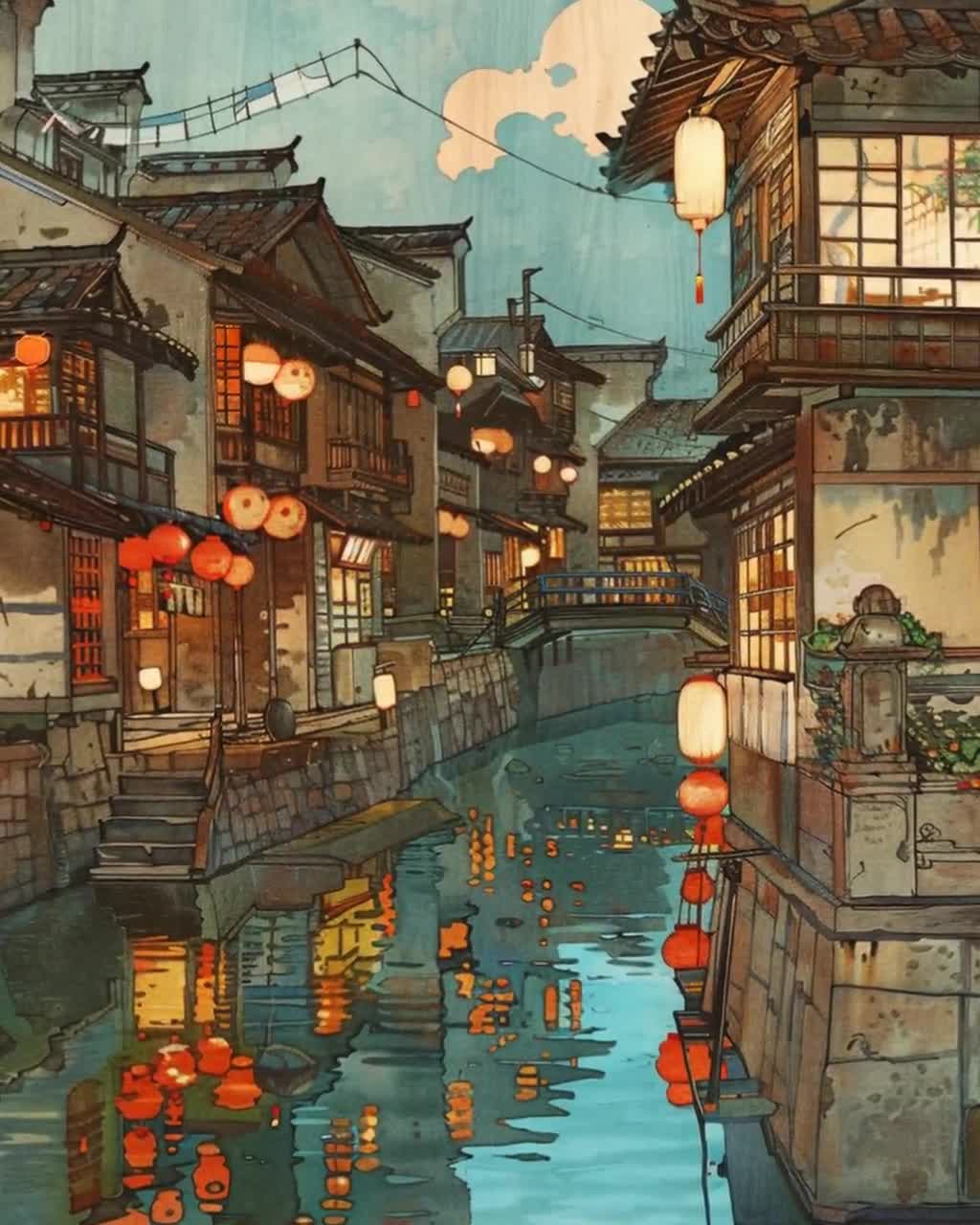 Japanese City Art Print, Hiroshi Yoshida Inspired Wall Decor