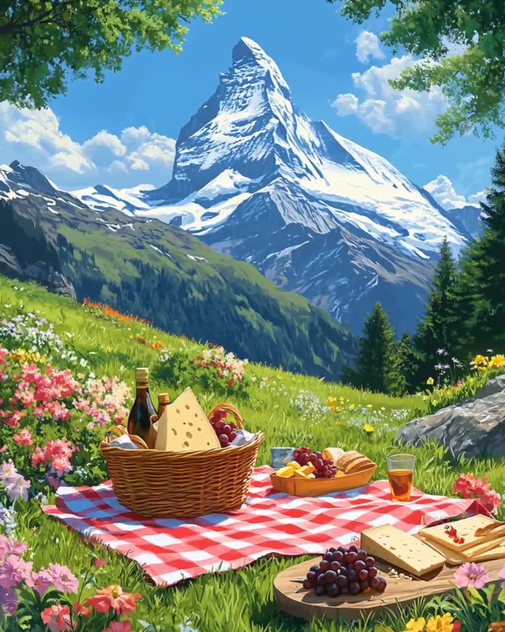 アクリル画　スイス マッターホルン 60cm x 84cm（A1） Matterhorn Picnic Art Print, Swiss Alps Landscape, Traditional