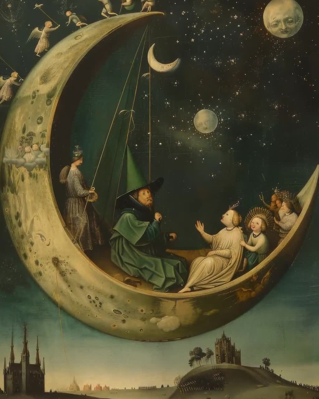 絵画【ムーンライト】ボッシュ　作 Hieronymus Bosch-inspired Visionary Artwork – Original Surreal
