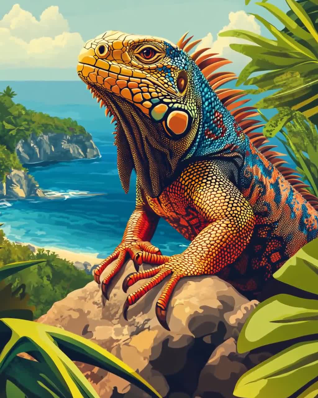 Dominican Iguana Illustration, Taino Tribal Patterns and Coastal