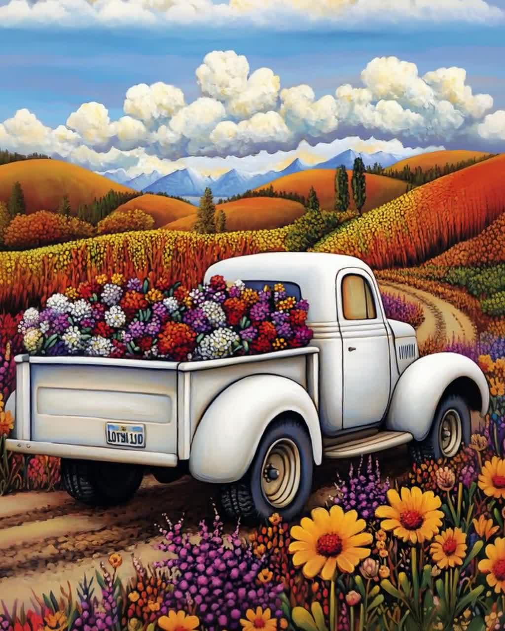 Vintage White Truck With Flowers, Countryside Landscape Wall Art