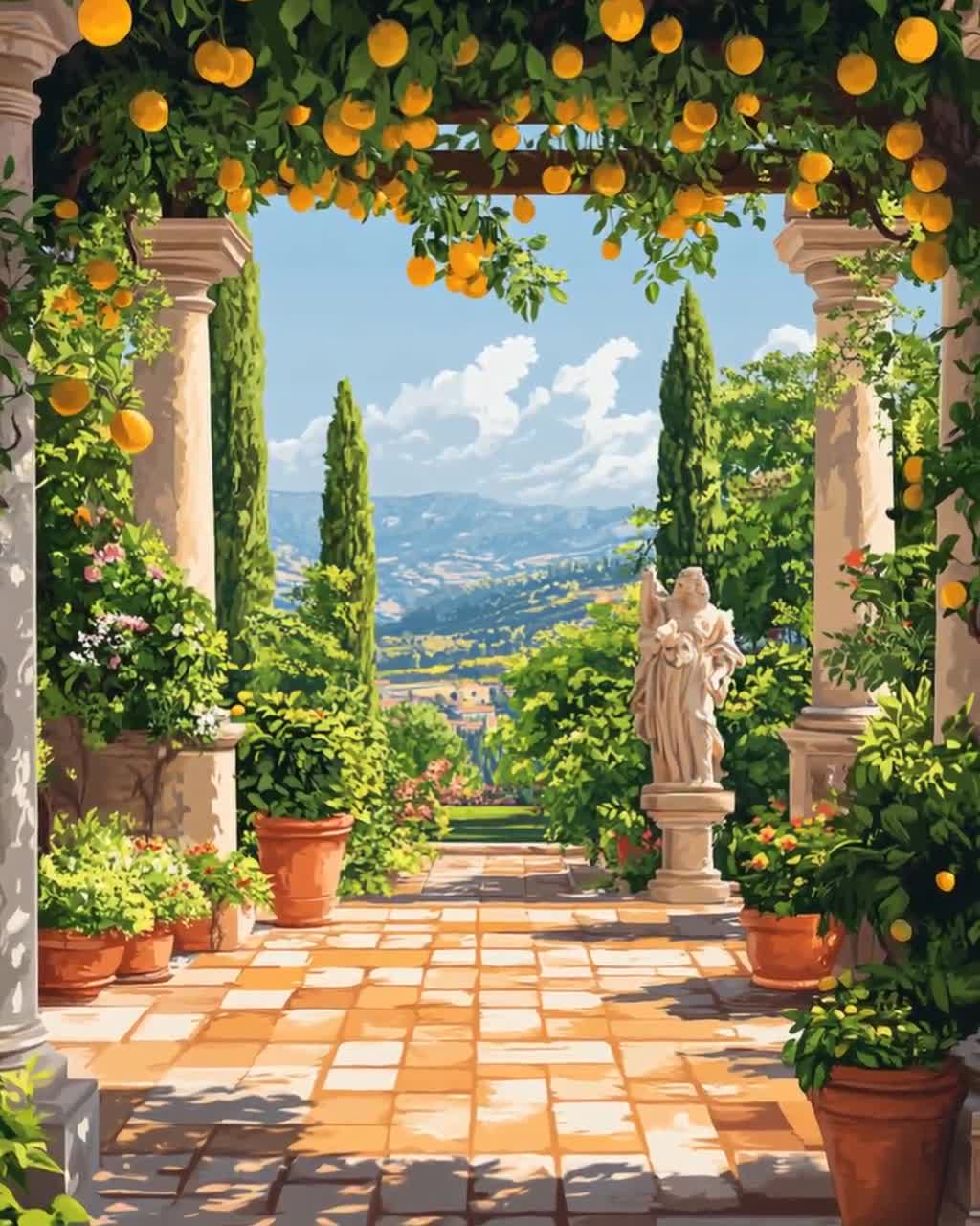 Italian Garden Pavilion With Lemon Trees and Roman Statues