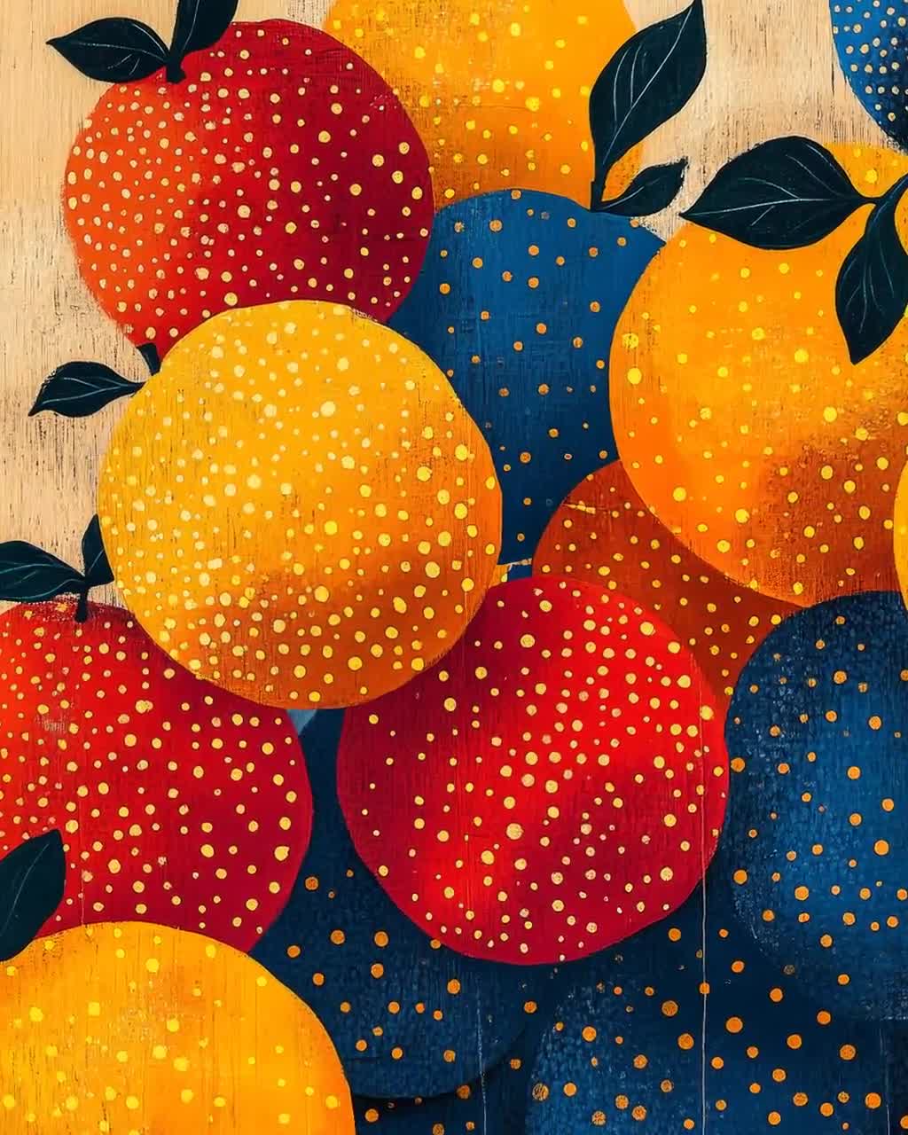 草間彌生のオレンジプリント：カラフルな水玉模様の秋のウォールアート