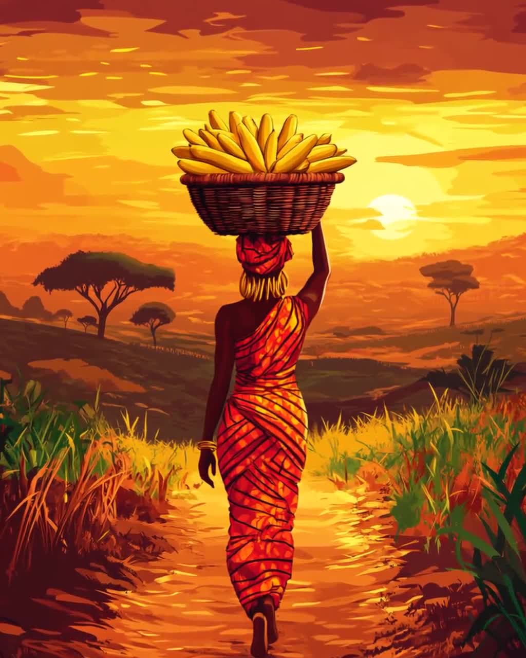 ナイジェリア女性の夕日のアートプリント、伝統的なアフリカのドレス