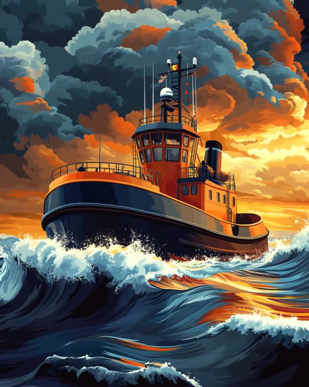 Bright Tugboat Towing Scene Poster, Bold Nautical Painting, Tug