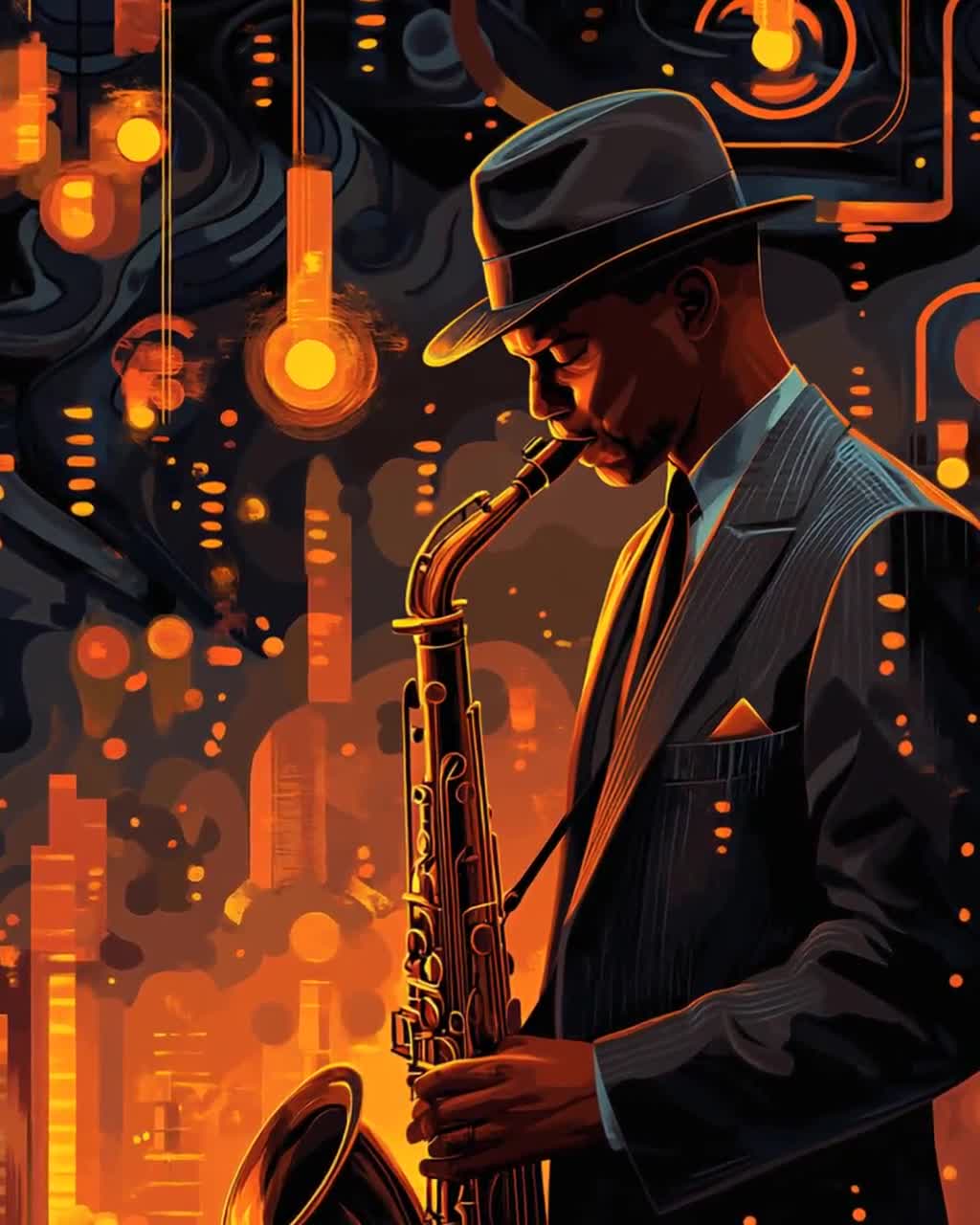 ジャズサックス奏者のイラスト、ヴィンテージ音楽アート、ジャズクラブ