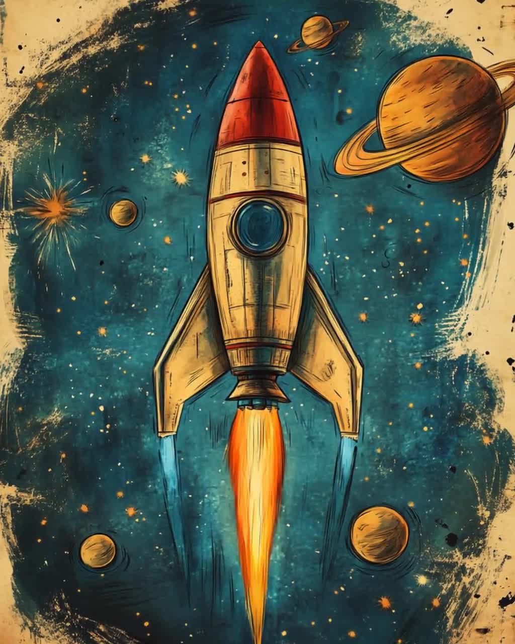 ヴィンテージロケットアートプリント：レトロSF宇宙イラスト - Etsy 日本