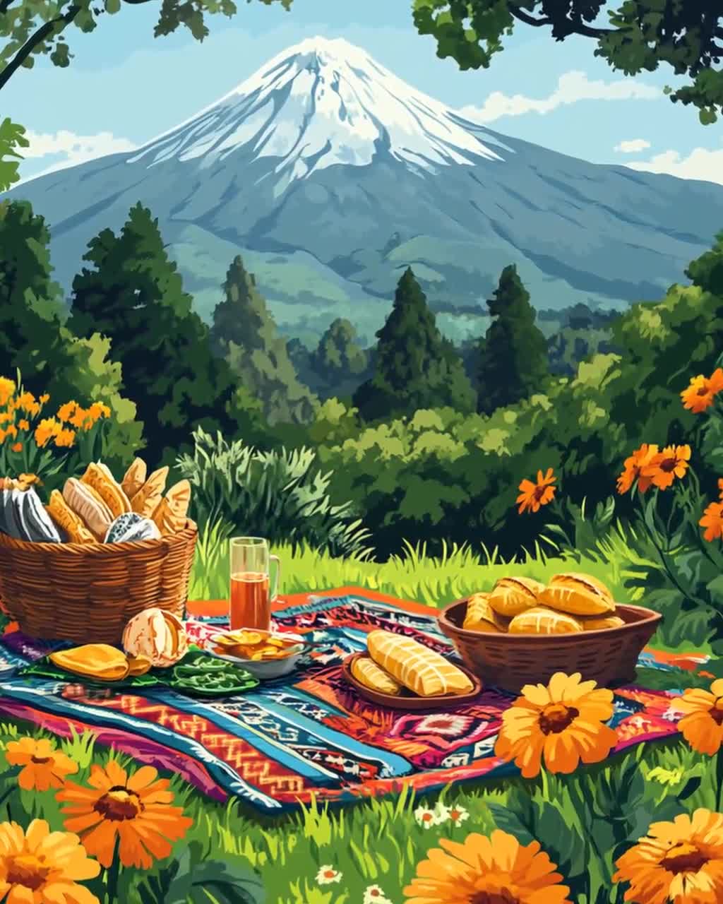 Popocatépetl Volcano Picnic Art Print, Mexican Nature Scene