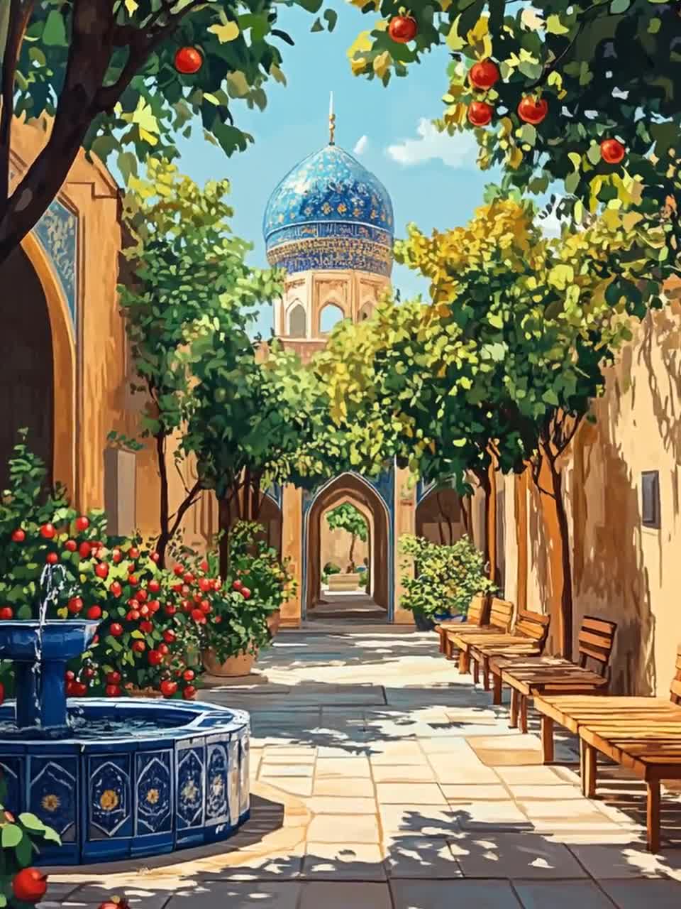 Persian Courtyard Art Print: Mosaic Fountain, Jasmine Vines