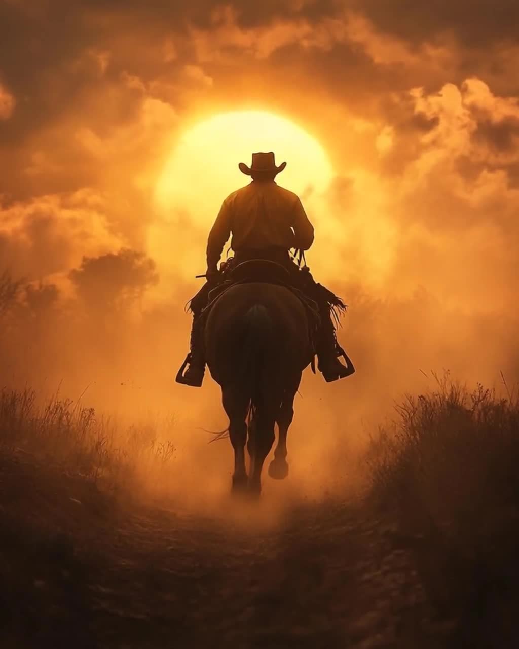 テキサスのカウボーイが馬に乗ってアートプリント、ほこりっぽい道と