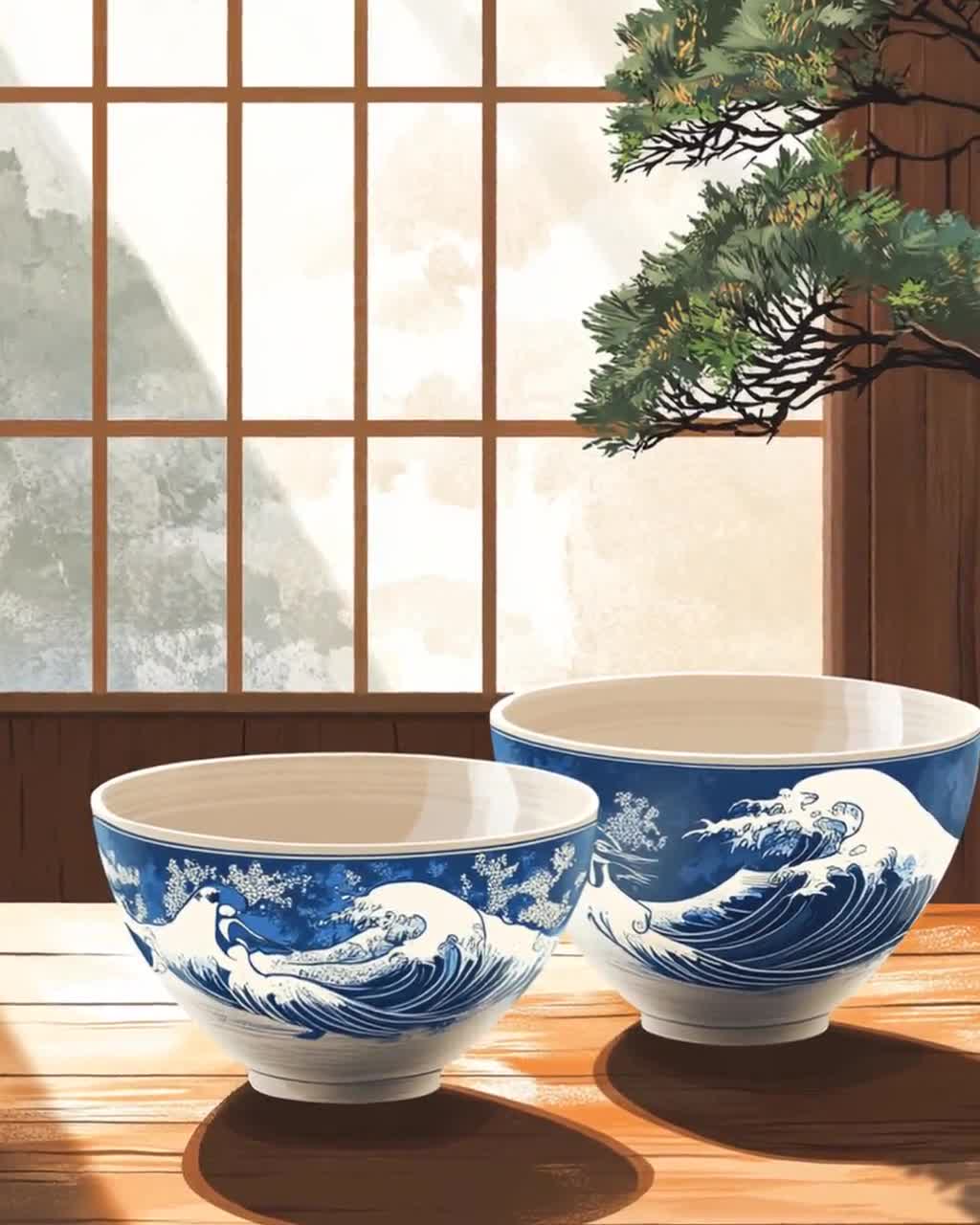 Indigo Waves and Crane Art Print: Japanese Ceramic Bowl Painting