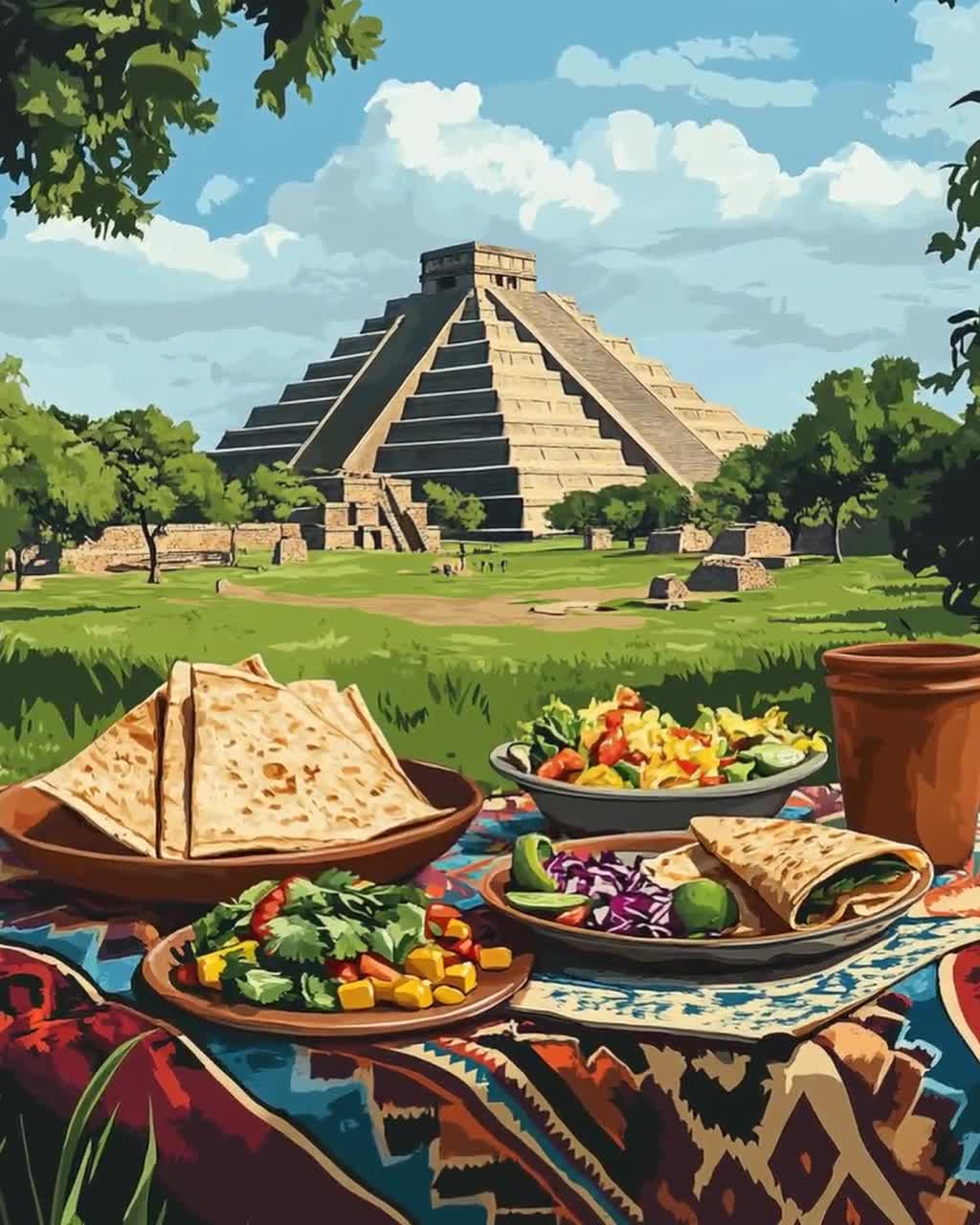 Teotihuacán Picnic Art Print, Mexican Pyramid Scene, Aztec