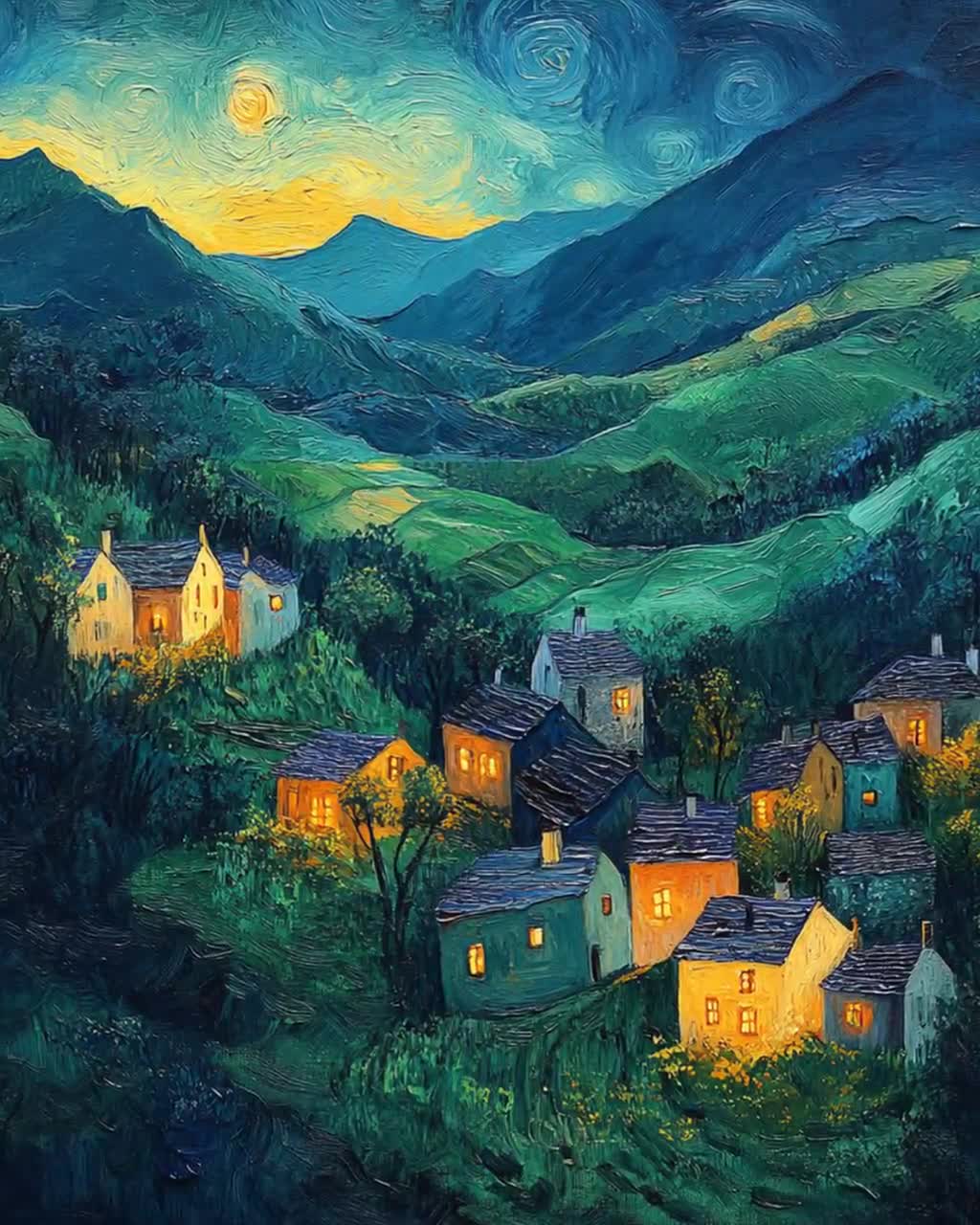 「やさしい午後の帰り道」　ゴッホ風　印象派　デジタルアート　 あさのそら作　風景 夜明けの山村、ゴッホにインスピレーションを受けた印象派の風景画