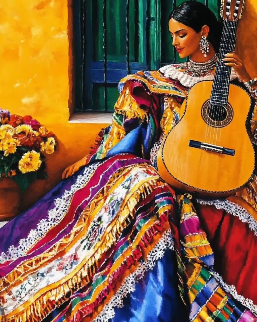 Colorful Mexican Woman With Guitar Art Print, Vibrant Folk