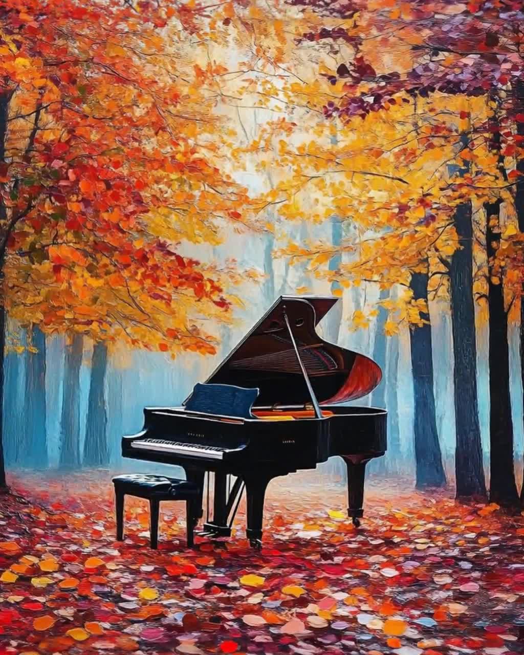 Autumn Forest Piano Art Print, Fall Colors, Elegant Music Themed