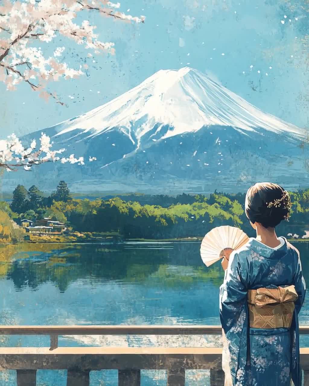 日本画 女性と山の風景 A4サイズ 【公式通販】
