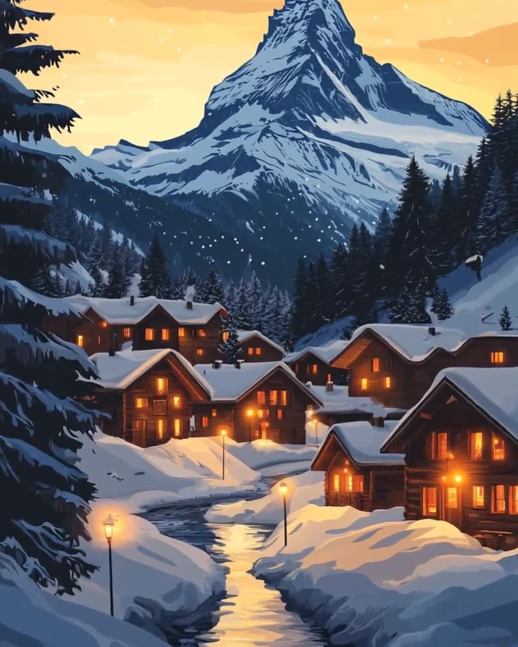 Swiss Alps Winter Scene Art Print, Zermatt Mountain Landscape